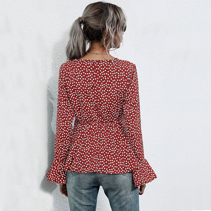 Damen Wickelbluse mit voluminösen Flügelärmeln und verspieltem Punktemuster Drune