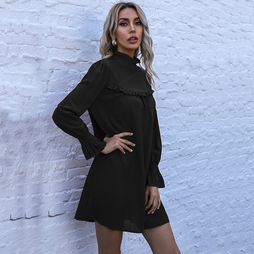 Damen modisches Minikleid mit voluminösen Puffärmeln und Rüschendetails Drune