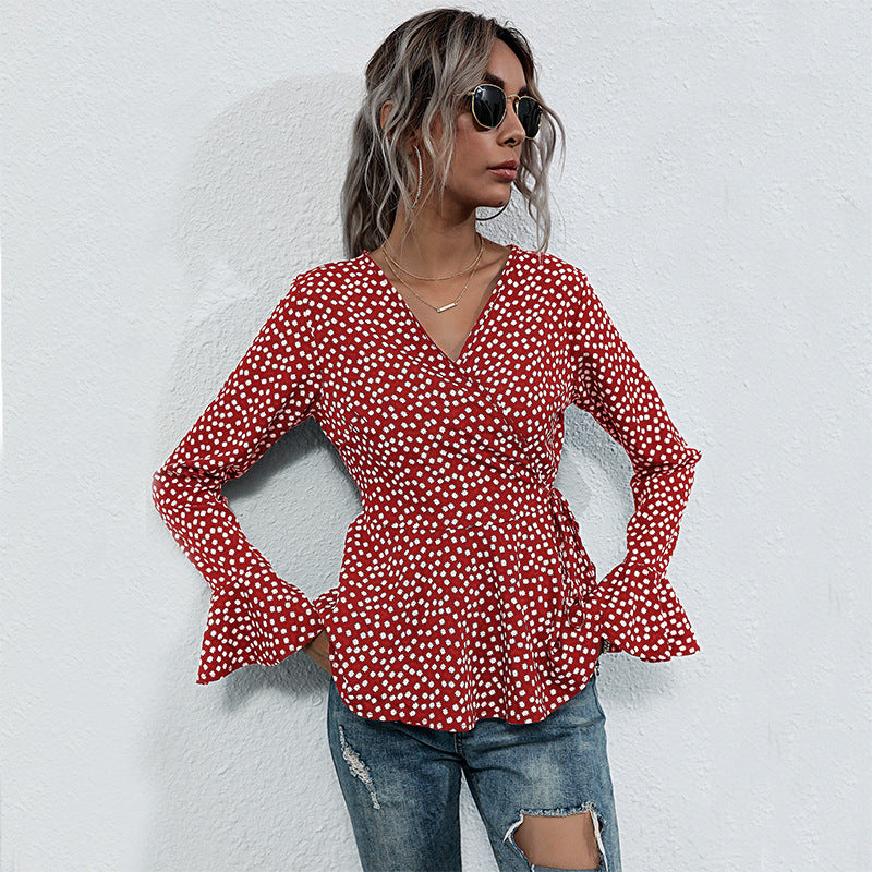 Damen Wickelbluse mit voluminösen Flügelärmeln und verspieltem Punktemuster Drune