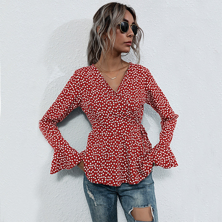 Damen Wickelbluse mit voluminösen Flügelärmeln und verspieltem Punktemuster Drune