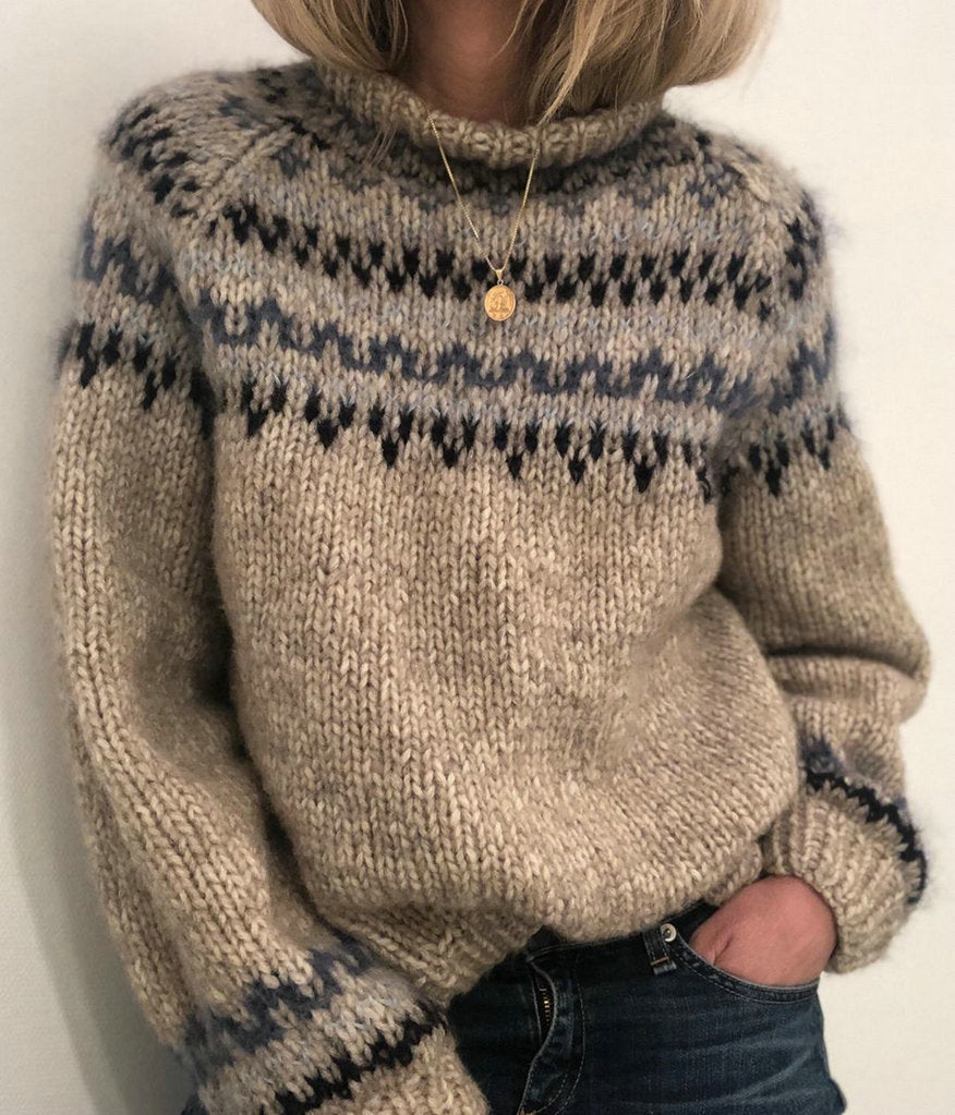 Damen Gemusterter Strickpullover mit hochgeschlossenem Kragen Drune