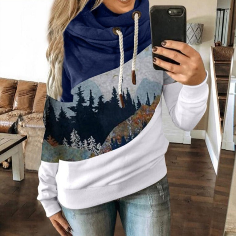 Damen Kapuzenpullover mit kreativem Berglandschaftsdesign und weichem Innenfutter Drune