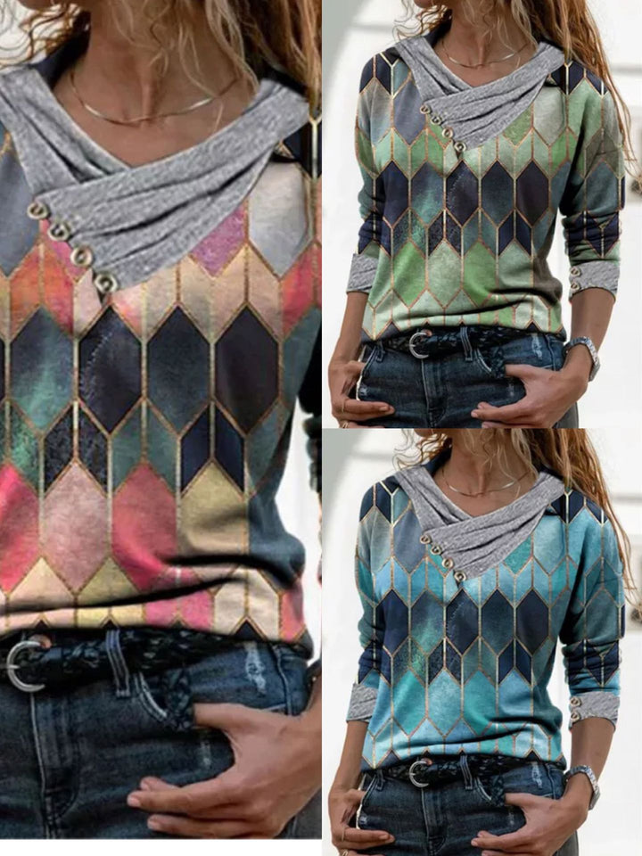 Damen modisches Langarmshirt mit einzigartigem Kragen und grafischem Design Drune