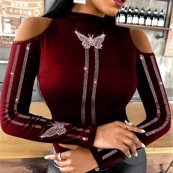 Damen Elegantes Oberteil mit extravaganter Schulteransatz und funkelnden Applikationen Drune
