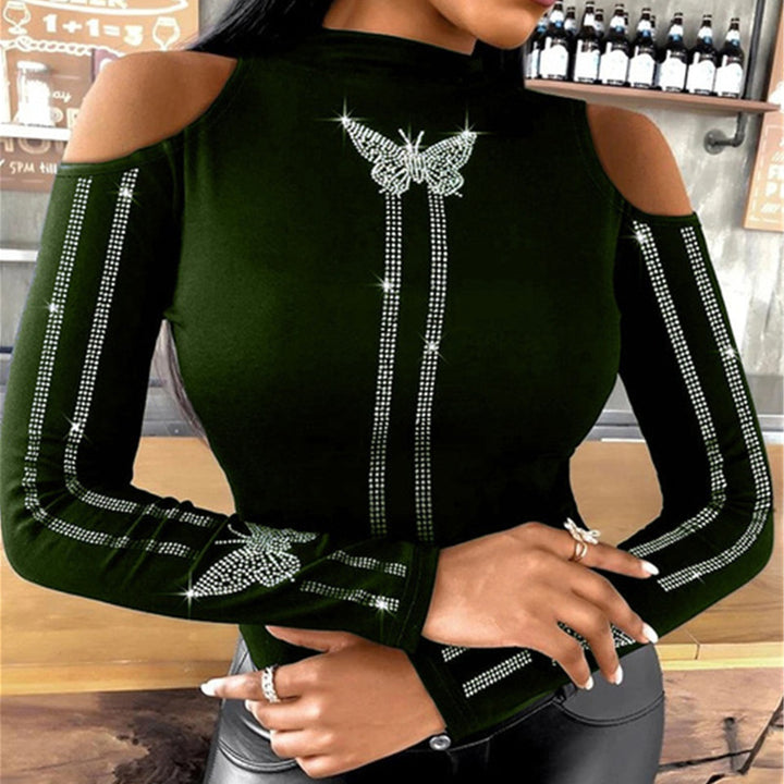 Damen Elegantes Oberteil mit extravaganter Schulteransatz und funkelnden Applikationen Drune