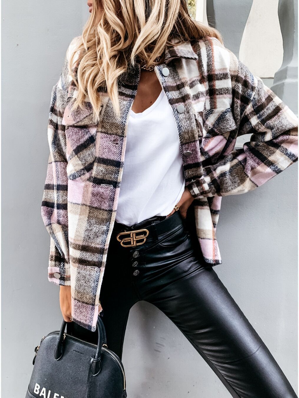 Damen Kariertes Overshirt mit Taschen und warmem Futter Drune