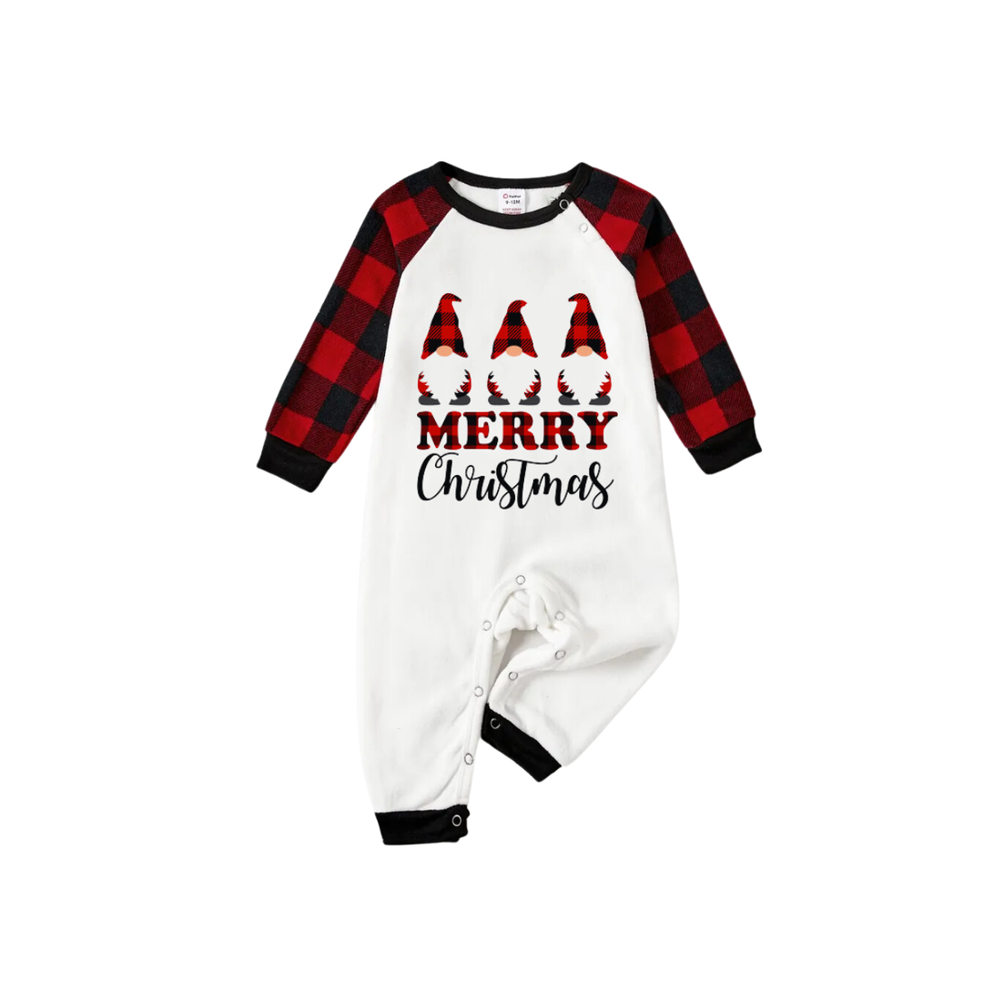 Drune | FRÖHLICHE Weihnachtsbriefe und Santa-Hut bedrucktes weißes Langarmoberteil mit rot-schwarzen karierten Hosen Familienpyjamas