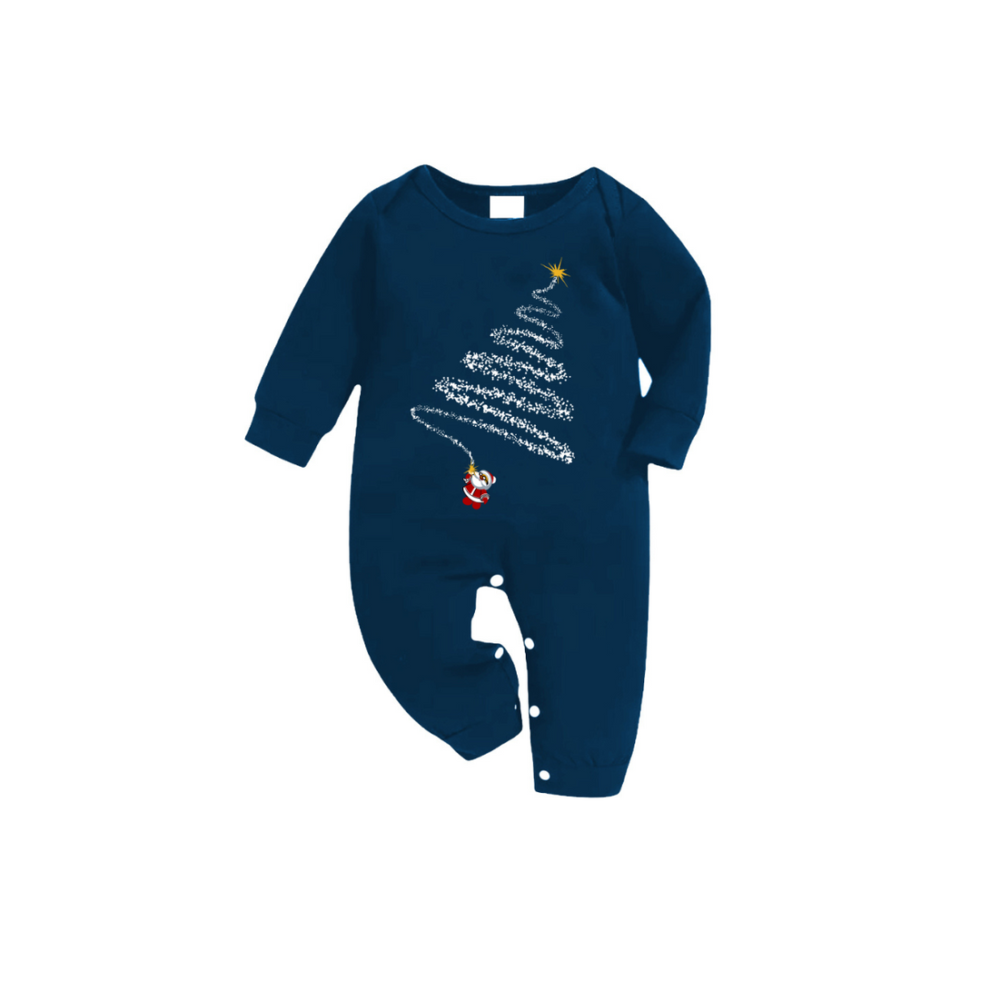 Drune | Kindlicher Weihnachtsmann und Weihnachtsbaum Muster Blau Langarmoberteil mit Blau- und Grünkarierte passende Familien-Pyjamas und Nachthemd