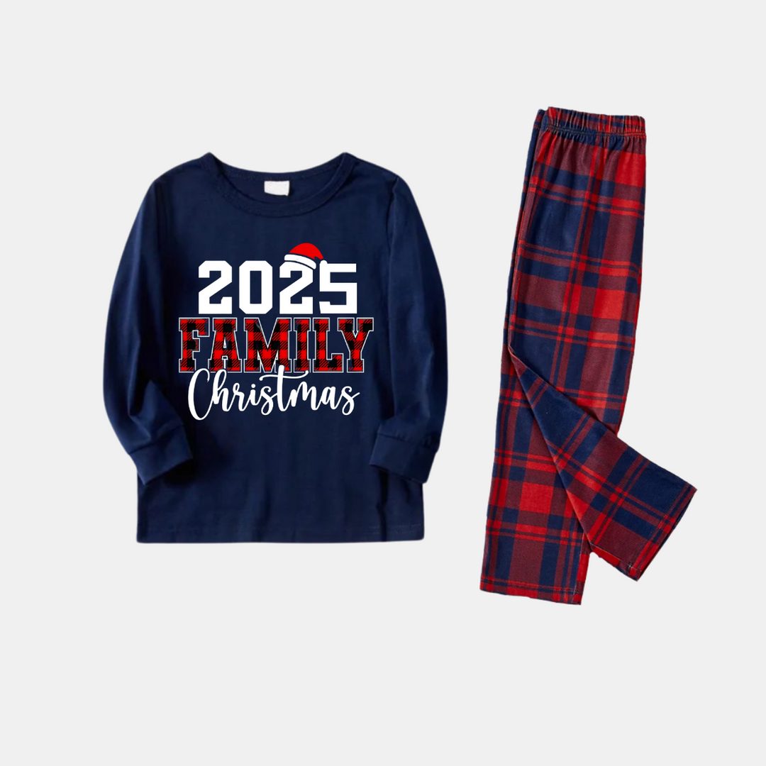 Drune | "2025 Weihnachten" Text und Weihnachtsmann-Mütze Druck Blau Langärmeliges Oberteil mit Rot- und Blau-Karierter Hose Weihnachts-Pyjamas im Matching-Design