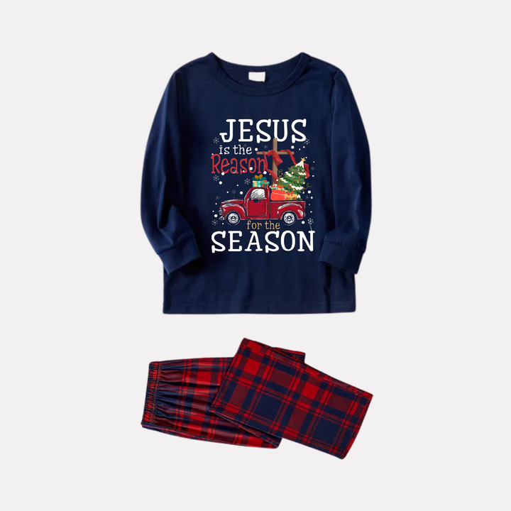 Drune | Marineblaues & Rotes Karomuster Weihnachten Schlafanzug Set mit „Jesus ist der Grund für die Jahreszeit“ Textdruck