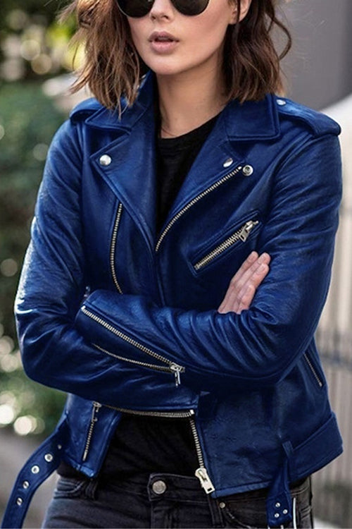 Drune | Rosiedress Vintage Revers Reißverschluss Kunstleder Bikerjacke