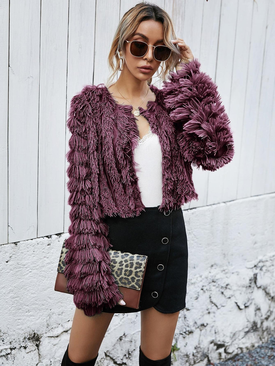 Drune | Fell Cropped Jacke - Plüsch-texturiertes Design - Winter Glam - Abendmode