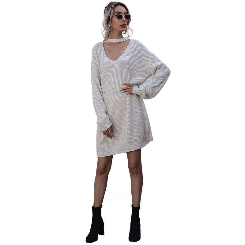 Damen Strickkleid mit tiefem V-Ausschnitt und lässigen Puffärmeln Drune