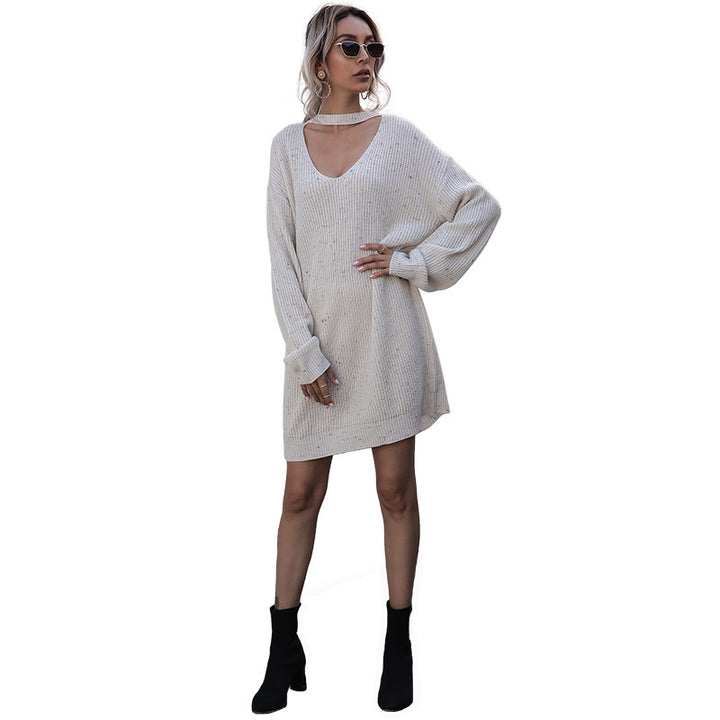 Damen Strickkleid mit tiefem V-Ausschnitt und lässigen Puffärmeln Drune