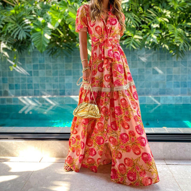 Damen Maxikleid mit floralen Applikationen und Taillengürtel Drune