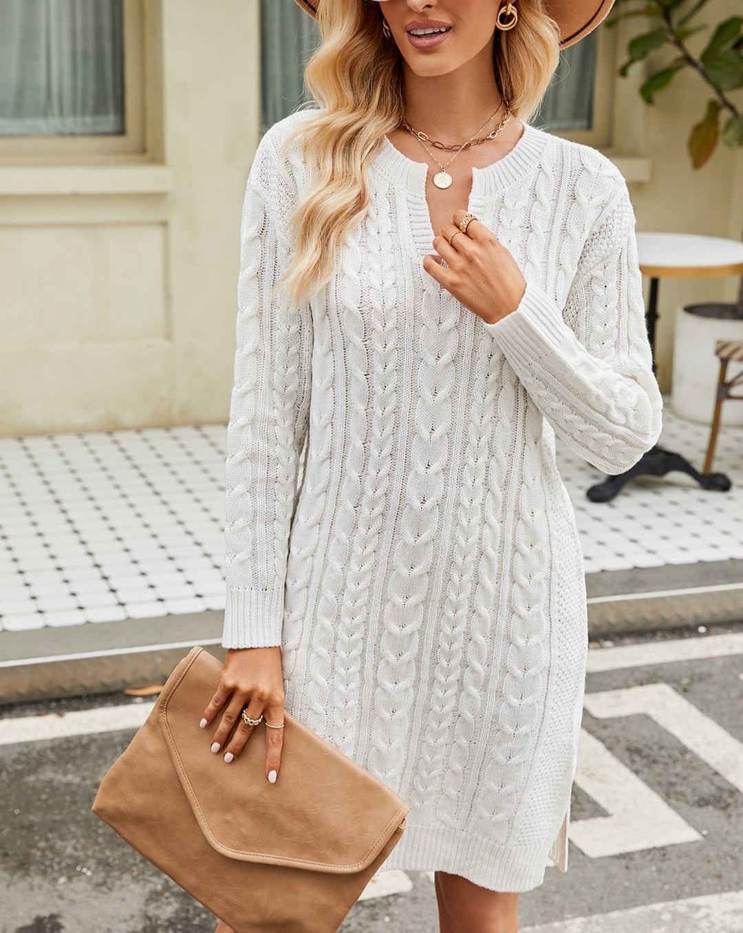 Drune | Schicke Herbst-Kabel-Strickkleid mit Ausschnitt für Frauen