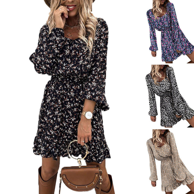 Damen Blumendesign Kleid mit voluminösen Ärmeln und schwingendem Saum Drune