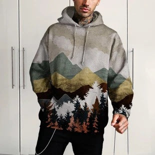 Herren Kapuzenpullover mit bergigen Landschaftsmotiven und Kängurutasche Drune