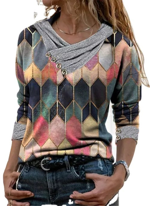Damen modisches Langarmshirt mit einzigartigem Kragen und grafischem Design Drune