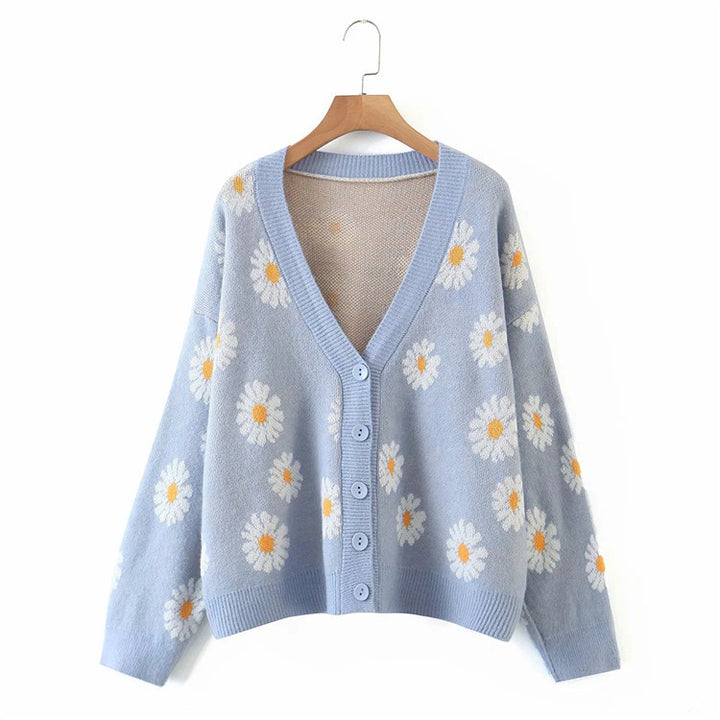 Damen Strickjacke mit floralem Design und V-Ausschnitt Drune