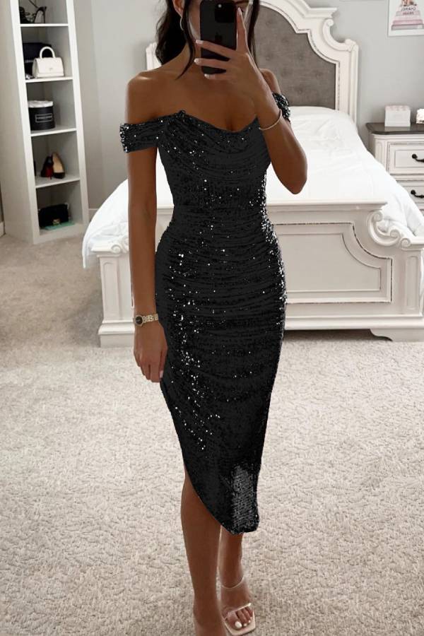 Drune | Schalkragen-Pailletten-Midi-Kleid