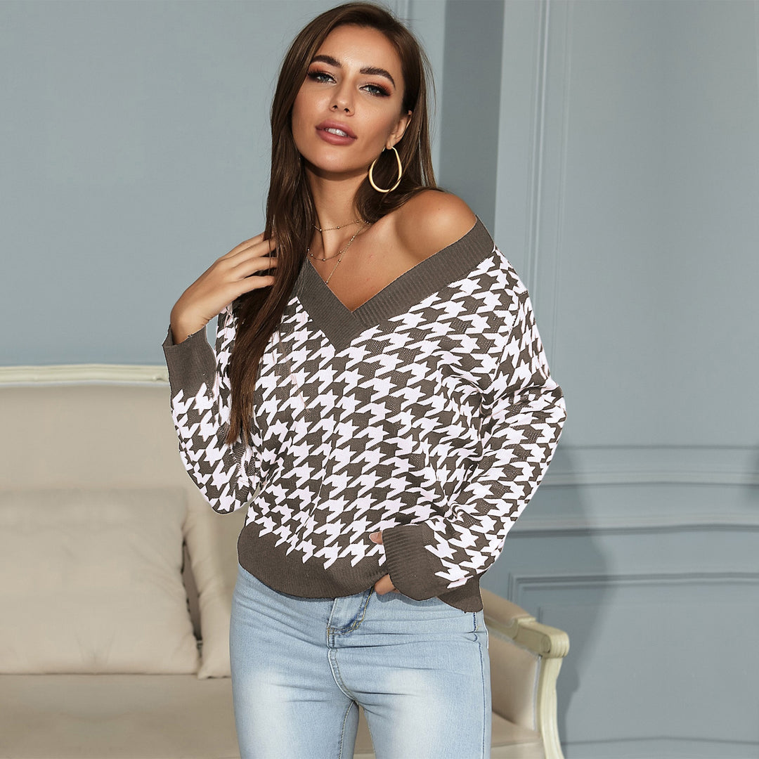 Damen lässiger Pullover mit V-Ausschnitt und modernem Hahnentrittmuster Drune