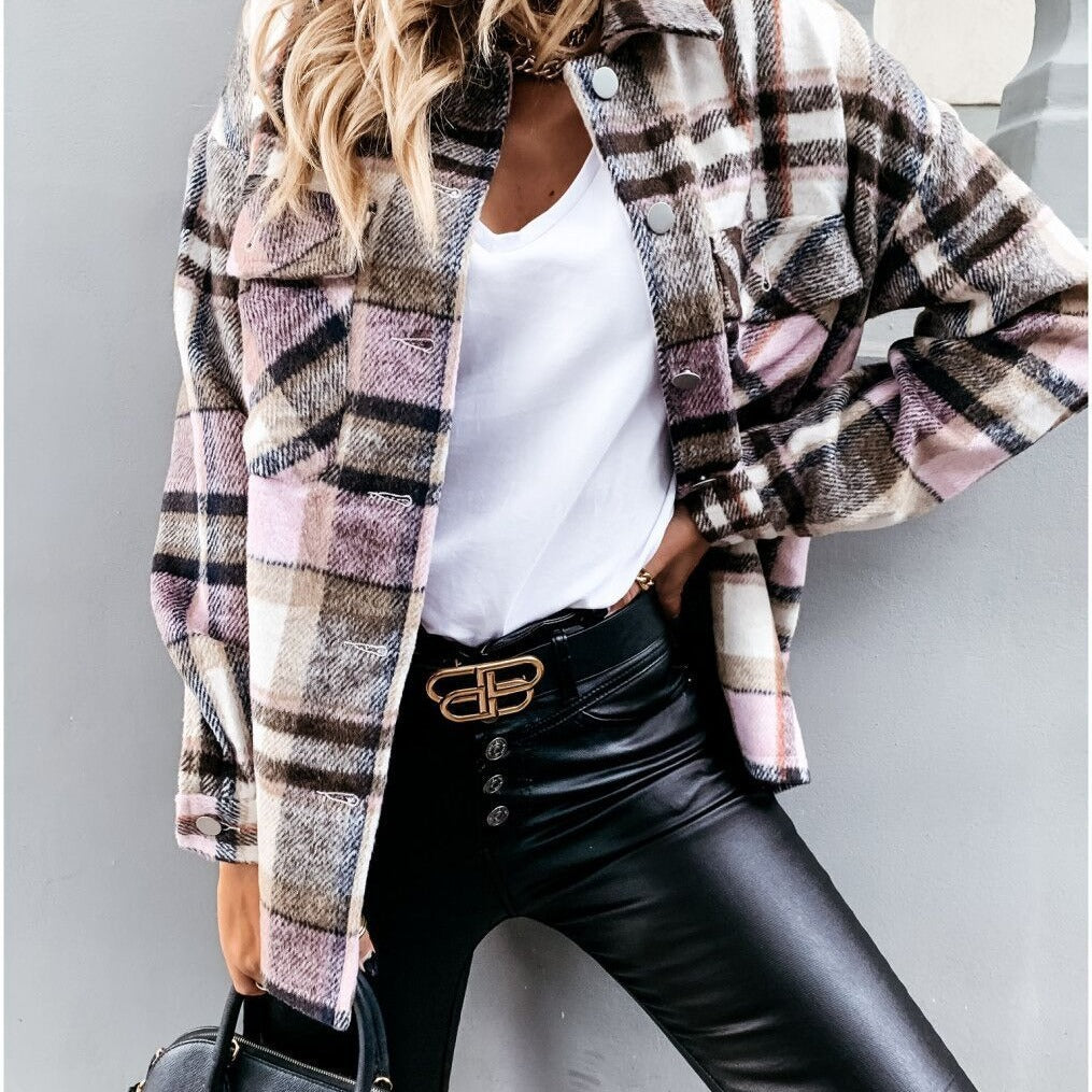 Damen Kariertes Overshirt mit Taschen und warmem Futter Drune