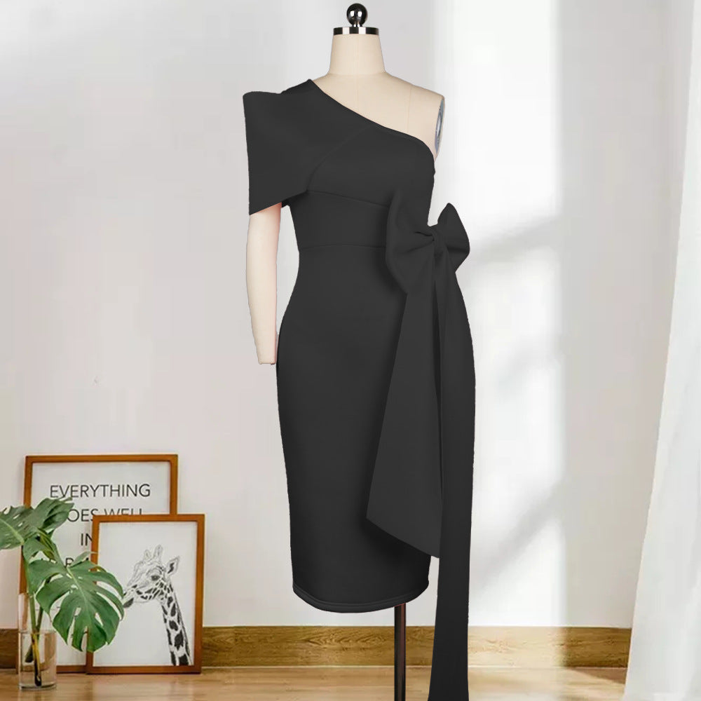 Damen elegantes Wickelkleid mit asymmetrischem Top und voluminösem Schleifenakzent Drune