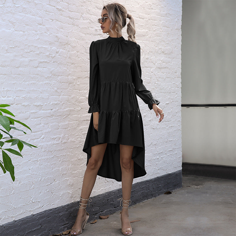 Damen asymmetrisches Wickelkleid mit voluminösen Rüschen und elegantem Stehkragen Drune