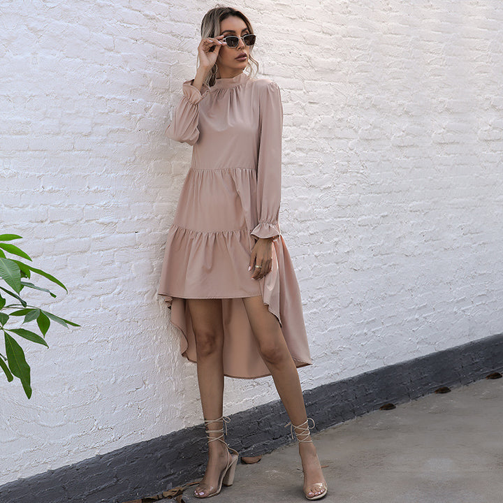 Damen asymmetrisches Wickelkleid mit voluminösen Rüschen und elegantem Stehkragen Drune