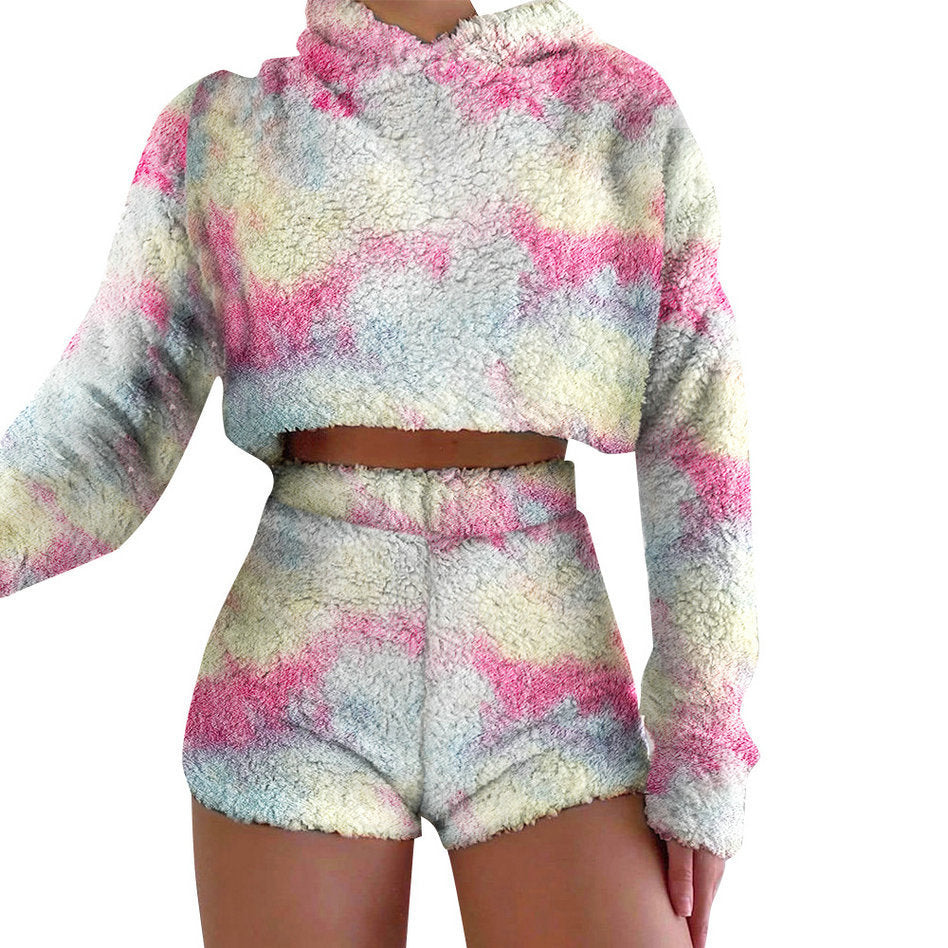 Damen kuscheliges Kurzarm-Set mit weichem Felltextur Drune