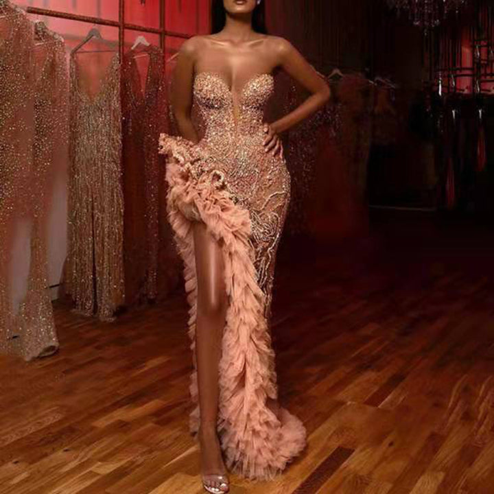 Damen Glamouröses Paillettenabendkleid mit Rüschendetails und tiefem Schlitz Drune