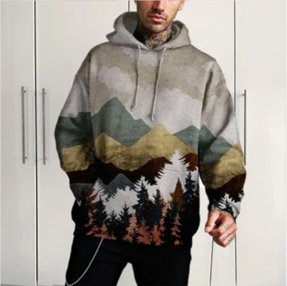 Herren Kapuzenpullover mit bergigen Landschaftsmotiven und Kängurutasche Drune