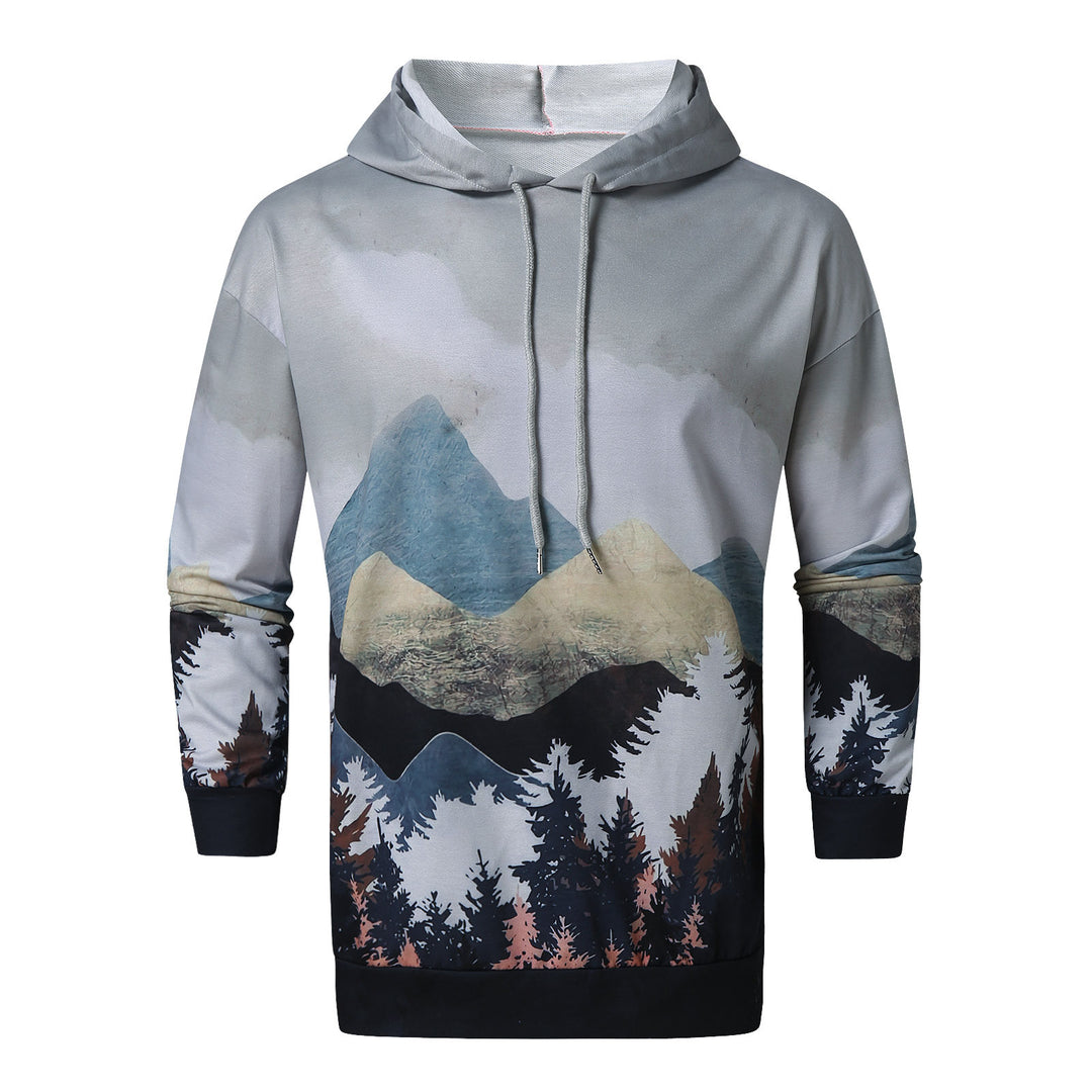 Herren Kapuzenpullover mit bergigen Landschaftsmotiven und Kängurutasche Drune