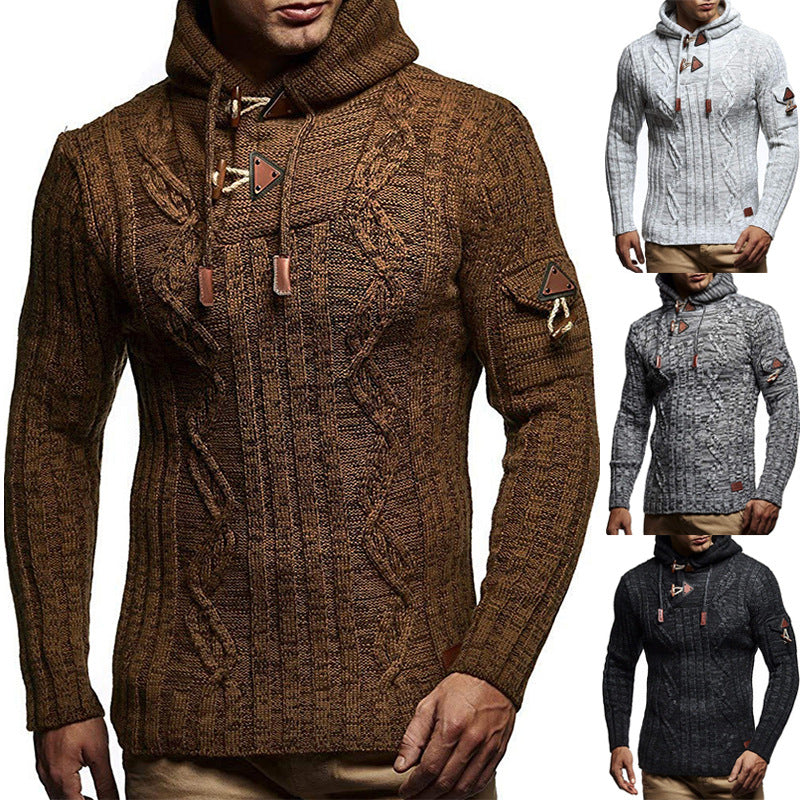 Herren Grobstrick Pullover mit Kapuze und dekorativen Schnürdetails Drune