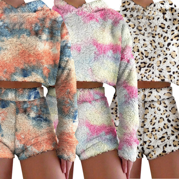 Damen kuscheliges Kurzarm-Set mit weichem Felltextur Drune
