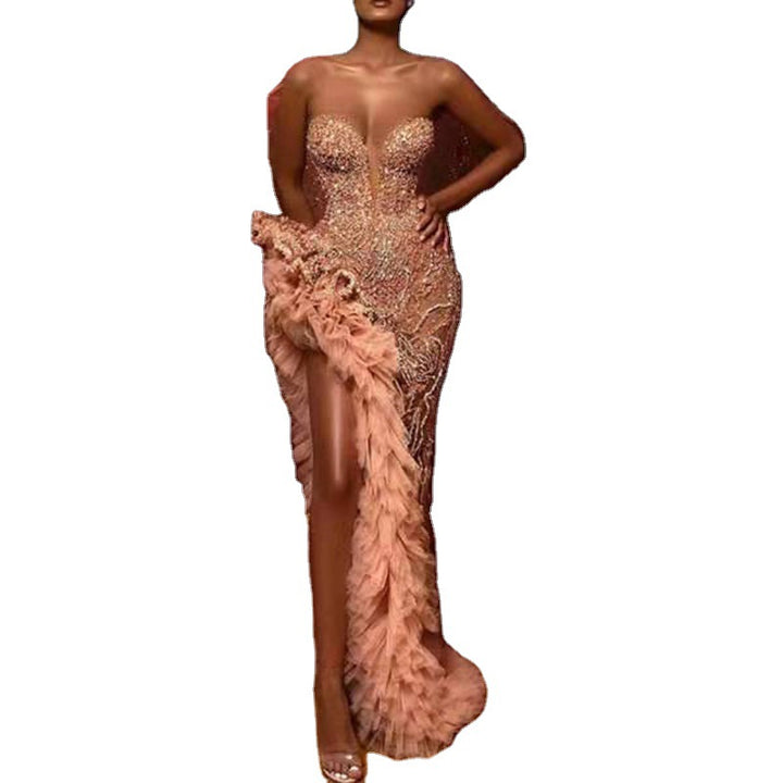 Damen Glamouröses Paillettenabendkleid mit Rüschendetails und tiefem Schlitz Drune