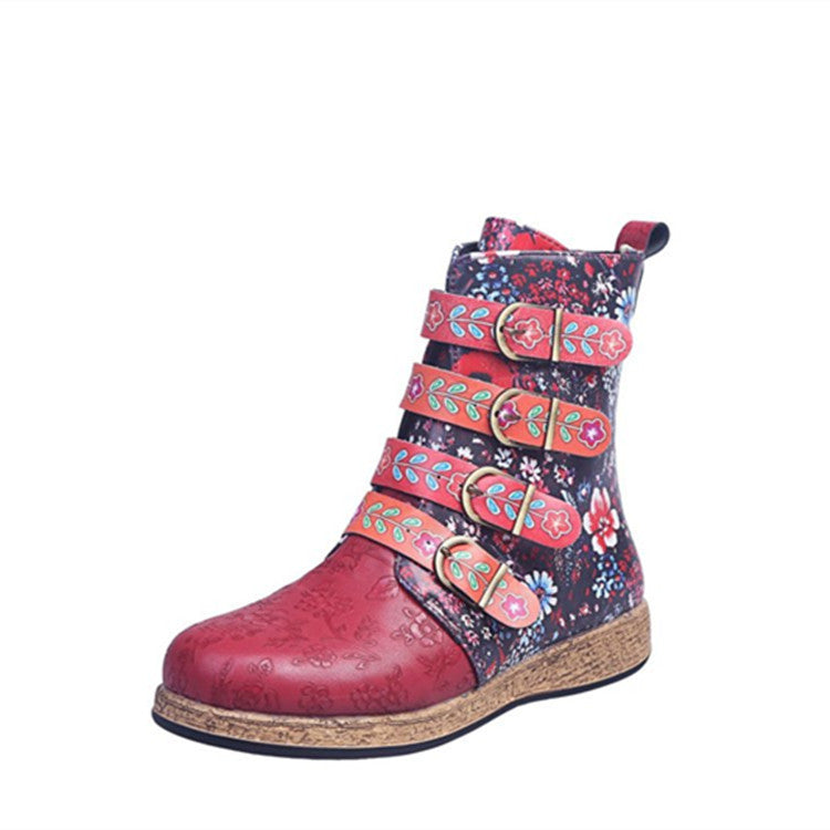 Damen nan verspielte knöchelhohe Stiefelette mit floraler Prägung, vier verstellbaren Zierriemen und Korkoptik-Sohle Drune