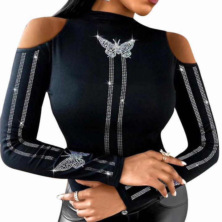 Damen Elegantes Oberteil mit extravaganter Schulteransatz und funkelnden Applikationen Drune