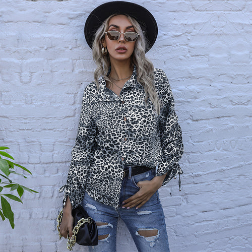 Damen elegante Bluse im Leopardenmuster mit Knopfleiste Drune