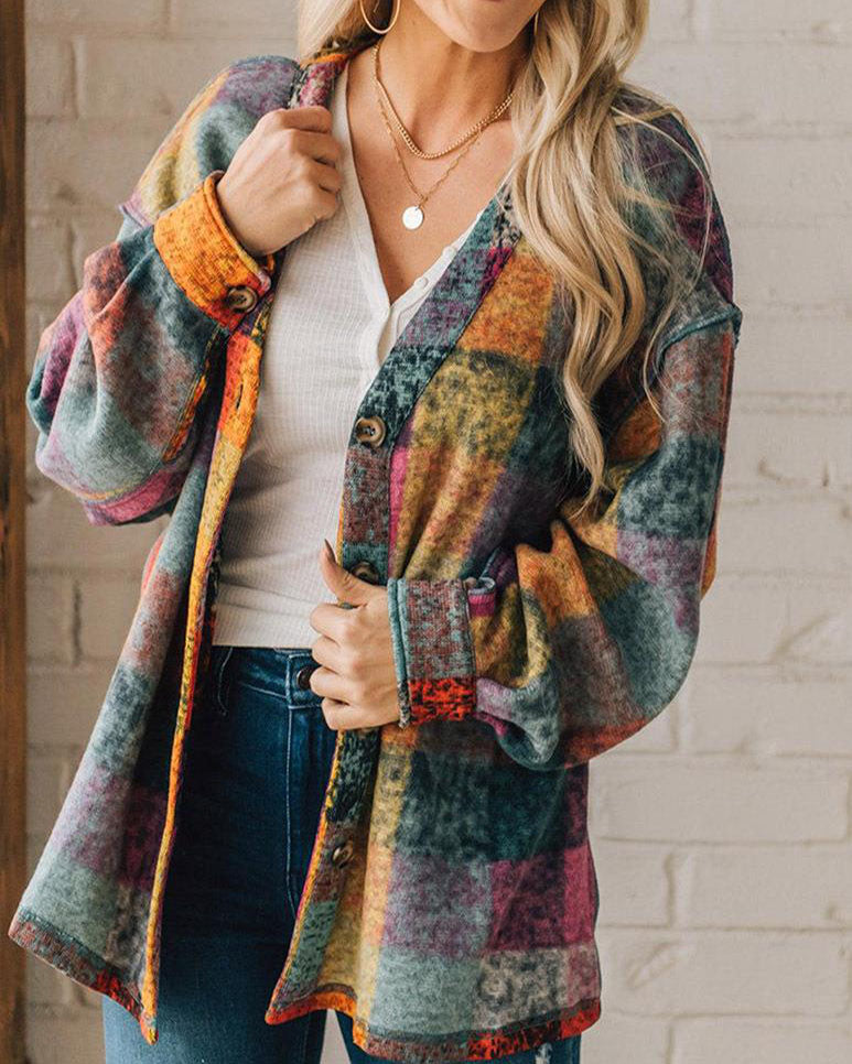 Drune | Mehrfarbige Karierte Kragenlose Jacke