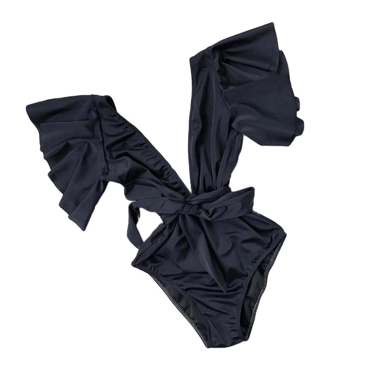 Damen Eleganter Badeanzug mit Volantärmeln und Taillengürtel Drune