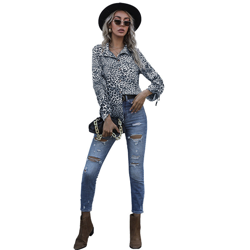 Damen elegante Bluse im Leopardenmuster mit Knopfleiste Drune
