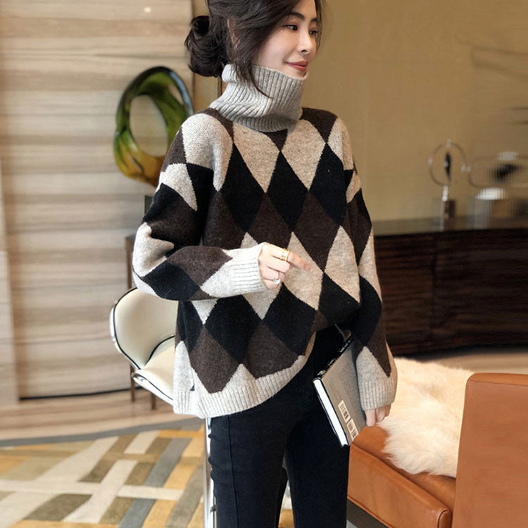 Damen Grobstrickpullover mit modernem Rautenmuster und hohem Kragen Drune