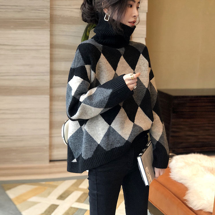 Damen Grobstrickpullover mit modernem Rautenmuster und hohem Kragen Drune