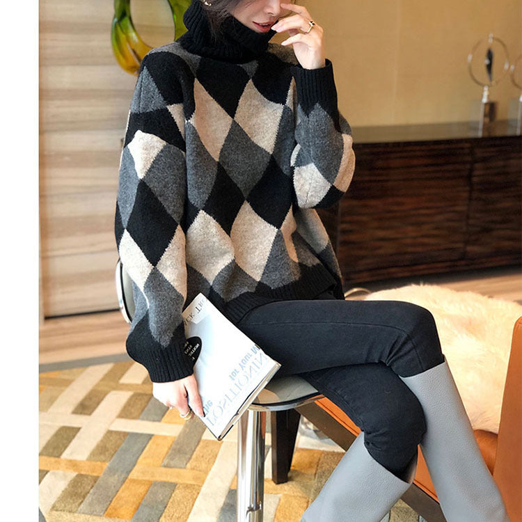 Damen Grobstrickpullover mit modernem Rautenmuster und hohem Kragen Drune