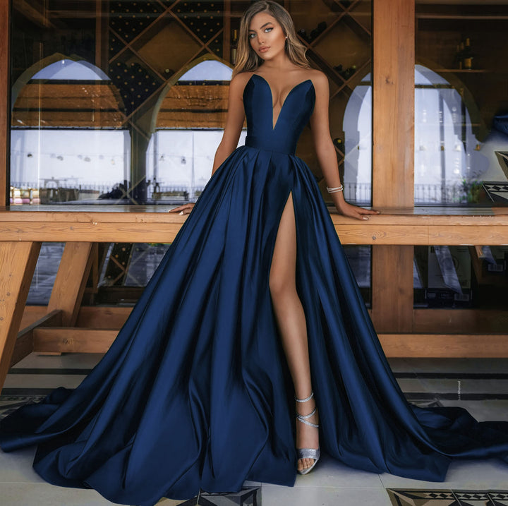 Damen A-Linien Maxikleid mit tiefem V-Ausschnitt und elegantem Schlitz Drune