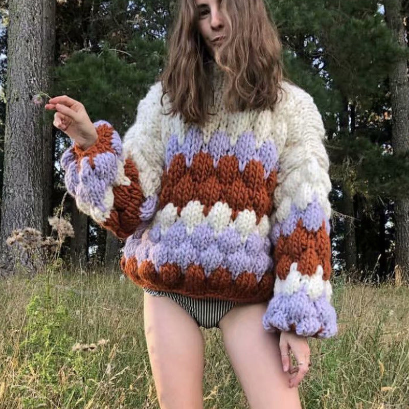 Damen modischer Grobstrickpullover mit farbenfrohem Wellenmuster und großzügigen Ärmeln Drune