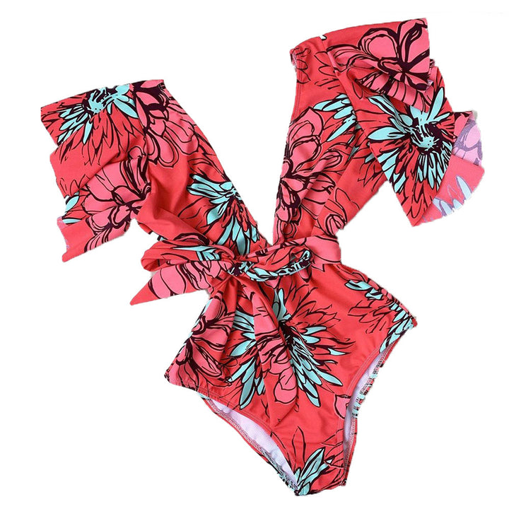 Damen Eleganter Badeanzug mit Volantärmeln und Taillengürtel Drune