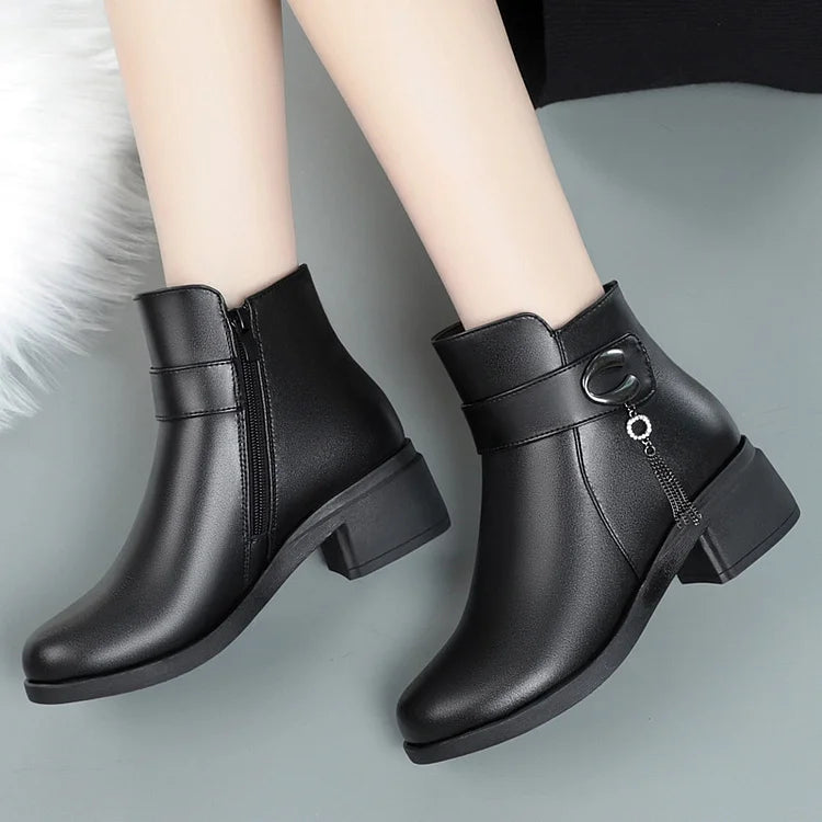 Drune | Damen Echtes Leder Metall Schnalle Samt Stiefel